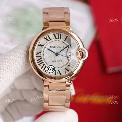 Replica Cartier Balloon Blue Rose Gold Case White Face Watch Steel Strap